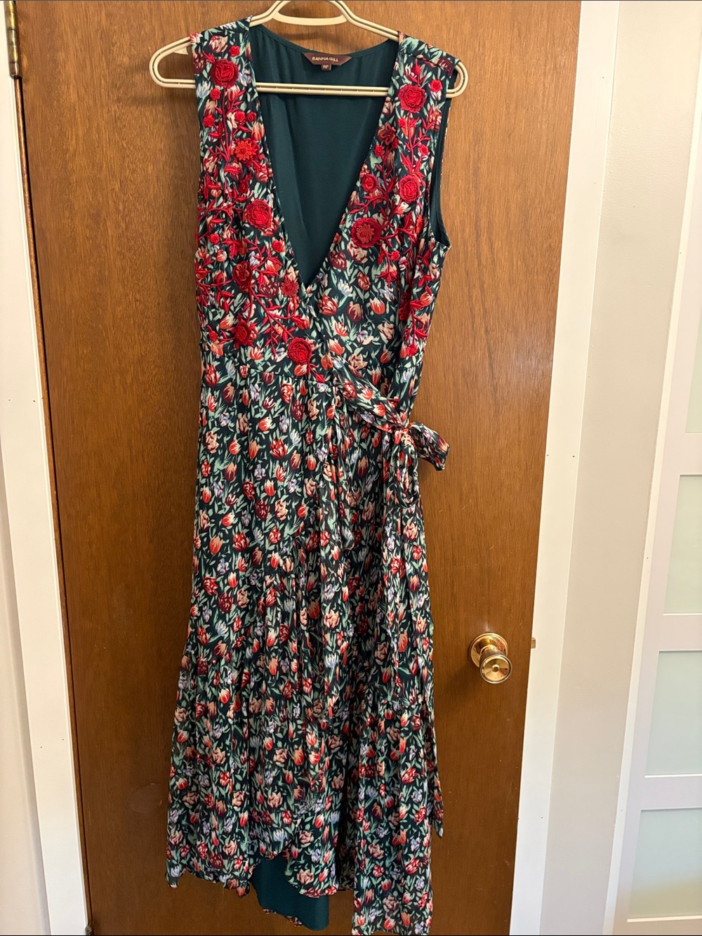 Anthropologie Green Maxi Dress with Red Floral Print